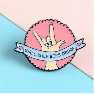Pink Round Girls Rule Boys Drool Pin Brooch